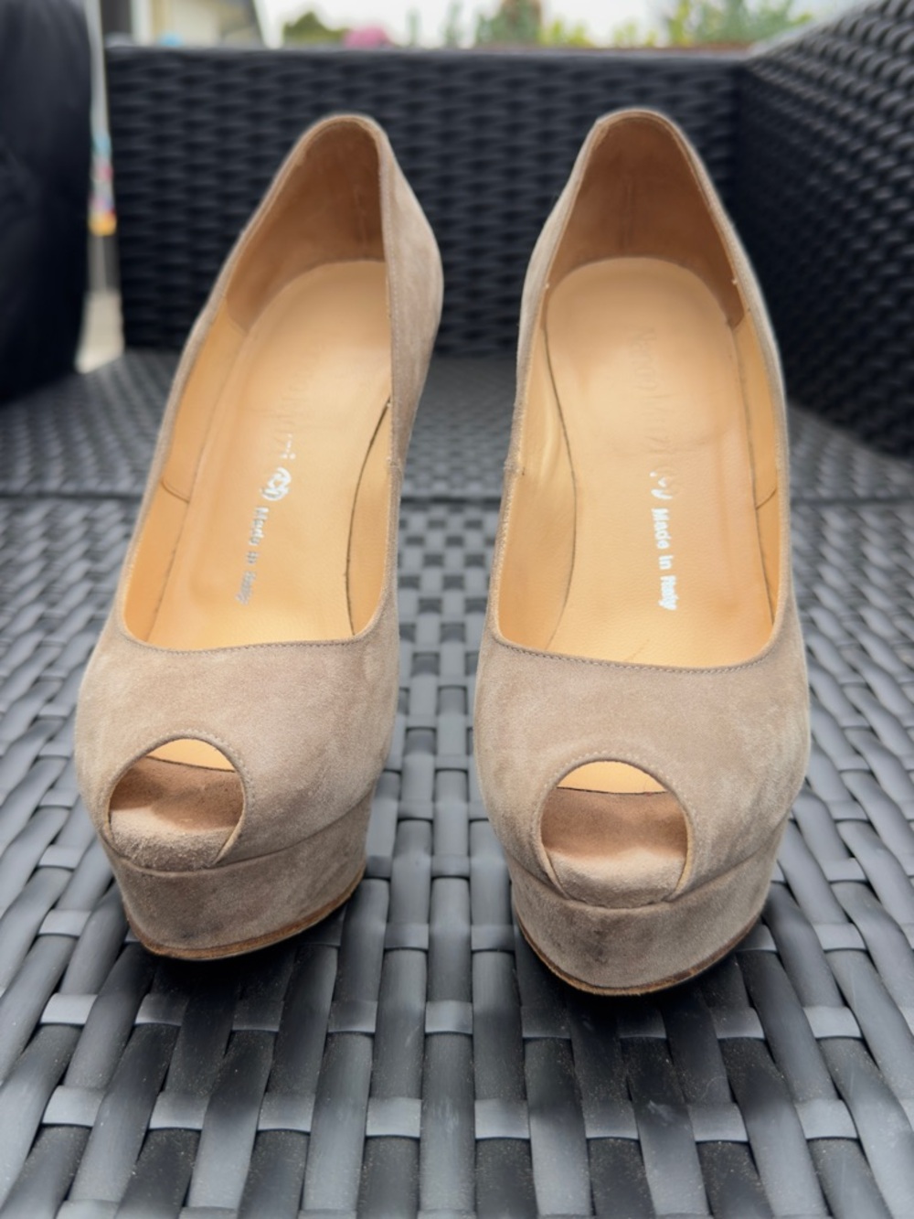 Nando Muzi Taupe Suede Peep-Toe Platform Pumps